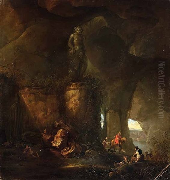 Felsgrotte Mit Antiken Ruinen, Rechts Lagernde Hirten, Im Hintergrund Ein Jagdreiter Mit Hunden Und Pfeil Und Bogen Oil Painting by Abraham van Cuylenborch