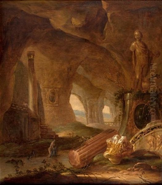 Interieur De Caverne Avec Ruines De Temple, Anime De Deux Jeunes Femmes Oil Painting by Abraham van Cuylenborch