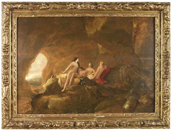 Nymphen Und Jagdhunde In Einer Felsgrotte Oil Painting by Abraham van Cuylenborch