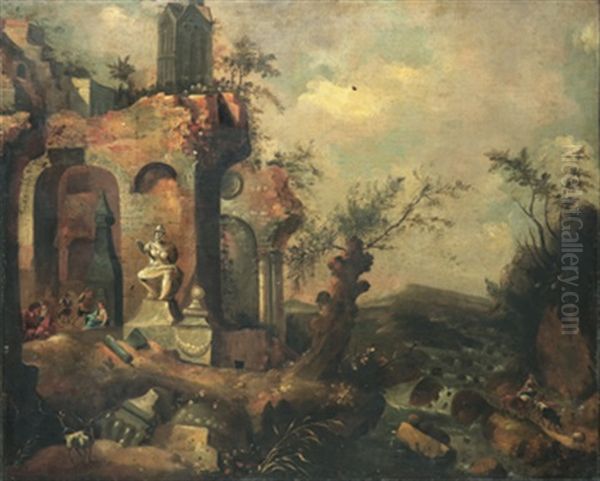 Klassicerande Landskap Med Ruiner Och Figurer Oil Painting by Abraham van Cuylenborch