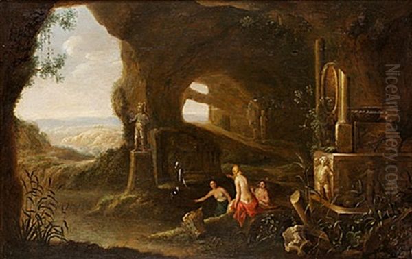 Nymfer I Grottlandskap Oil Painting by Abraham van Cuylenborch