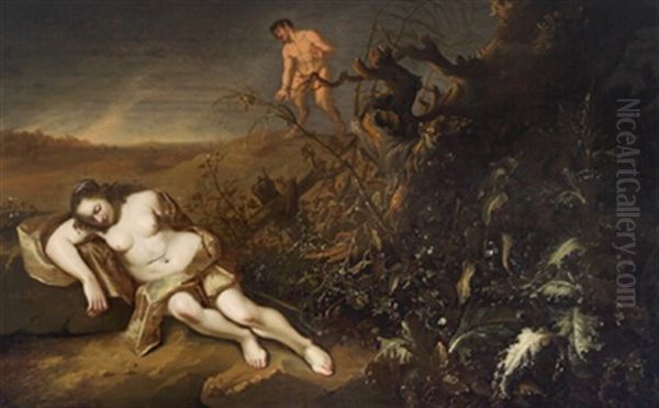 Schlafende Nymphe Von Einem Satyr Beobachtet by Abraham van Cuylenborch