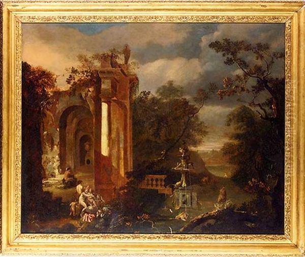 A Wooded River Landscape With Nymphs And Satyrs By A Capriccio Of Classical Ruins Oil Painting by Abraham van Cuylenborch