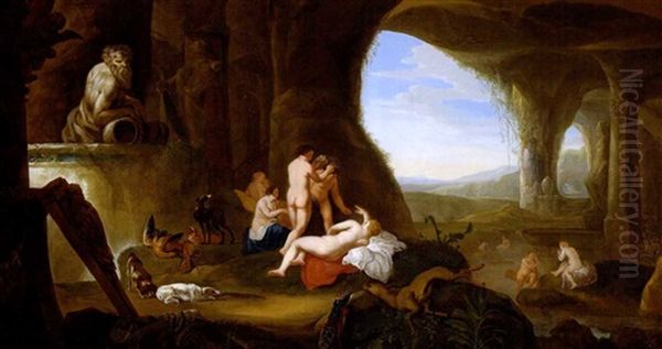 Diana Und Ihre Gefahrtinnen Nach Der Jagd In Einer Felsgrotte Ruhend Und Badend Oil Painting by Abraham van Cuylenborch