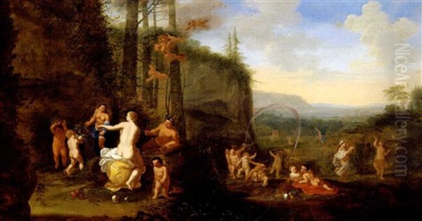 Venus Mit Amor, Ceres Und Bacchus Sowie Amoretten Und Nymphen In Einer Sudlichen Landschaft Oil Painting by Abraham van Cuylenborch