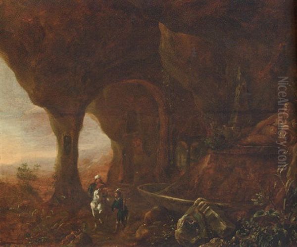 A Grotto With An Oriental Traveller And A Huntsman By A Fountain Surmounted By A River God, A Landscape Beyond Oil Painting by Abraham van Cuylenborch