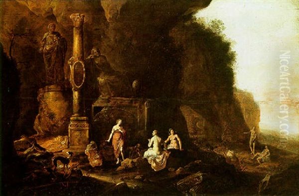 A Mountainnous Landscape With Diana And Her Nymphs Resting Among A Set Of Ruins Oil Painting by Abraham van Cuylenborch