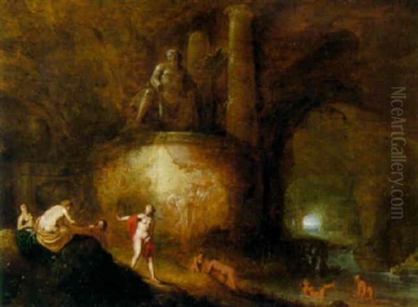 Nymphs Bathing In A Cave Beneath A Statue Of Neptune Oil Painting by Abraham van Cuylenborch