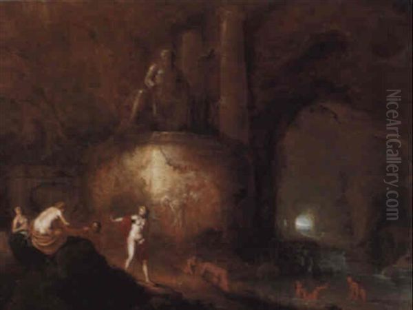 Nymphs Bathing In A Cave, Beneath A Classical Style Statue Of Neptune Oil Painting by Abraham van Cuylenborch