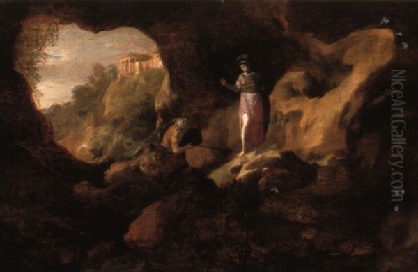 Ulysses And Athena In A Cave With The Temple Of The Sibyl At Tivoli Beyond Oil Painting by Abraham van Cuylenborch