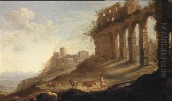 An Italianate Landscape With Classical Ruins, A Castle      Beyond Oil Painting by Abraham van Cuylenborch