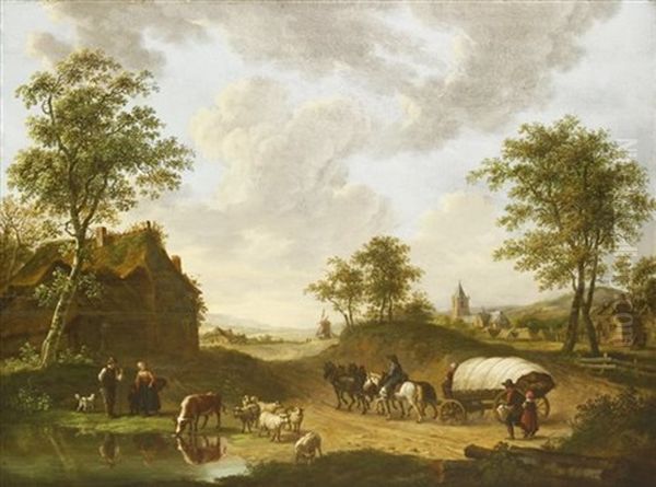 A Road Through A Village With A Horse-drawn Covered Wagon, Figures, Cattle And Sheep By A Pond In The Foreground Oil Painting by Cornelis van Cuylenburg