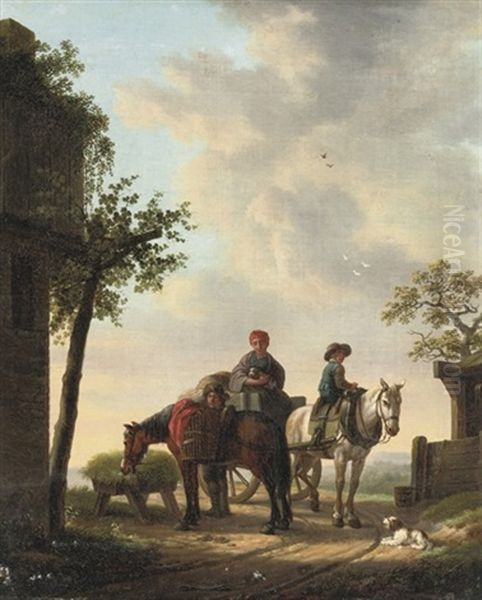 Travellers And Their Horses Halting Near A Well Oil Painting by Cornelis van Cuylenburg