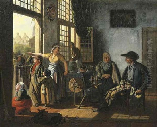 A Woman And Her Children In An Interior By An Open Door, An Old Couple By A Spinning Wheel Seated Nearby, Townsfolk Beyond Oil Painting by Cornelis van Cuylenburg