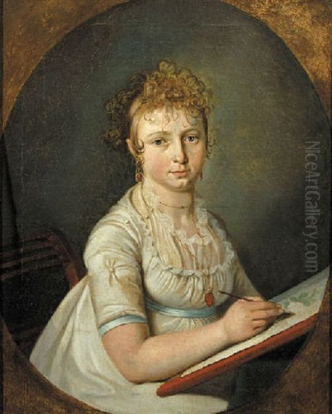 Portrait Of A Woman Seated, Wearing A White Dress With Lace Chemise, A Blue Ribbon Around Her Waist Oil Painting by Cornelis van Cuylenburg