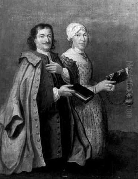 Double Portrait Of A Gentleman And His Wife Kneeling, Holding Prayer Books And A Rosary Oil Painting by Cornelis van Cuylenburg