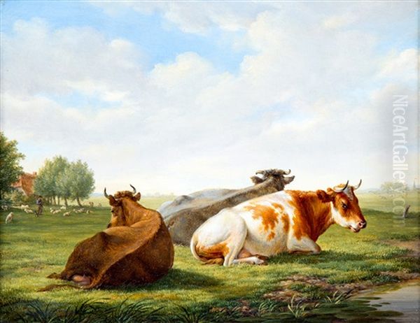 Grazing Cows In A Meadow Oil Painting by Johannes Elize van Cuylenburg