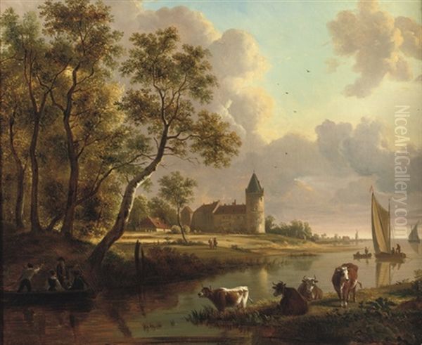 A Wooded River Landscape With Cows, And Figures In A Rowing Boat, A Castle And Sailing Vessels Beyond Oil Painting by Johannes Elize van Cuylenburg