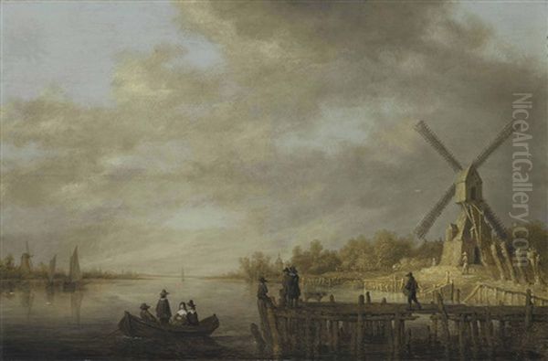 A River Landscape With A Windmill And Gentlefolk In A Rowing Boat And On A Jetty In The Foreground Oil Painting by Aelbert Cuyp