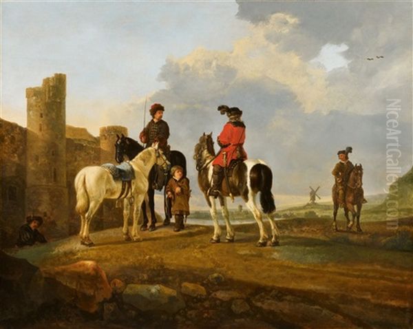 Riders At Rest By Burg Ubbergen Oil Painting by Aelbert Cuyp