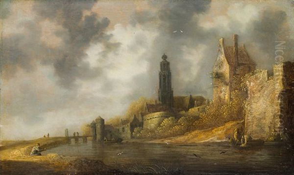 Von Gebauden Gesaumter Kanal Mit Fischern Oil Painting by Aelbert Cuyp