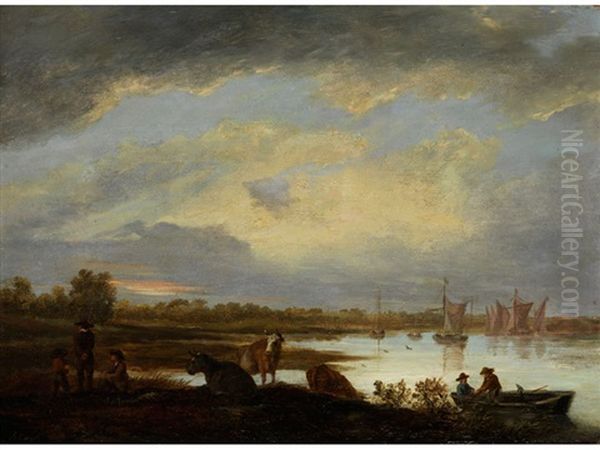 Blick Auf Das Ufer Der Maas Mit Drei Kuhen Im Vordergrund Und Figurenstaffage Oil Painting by Aelbert Cuyp