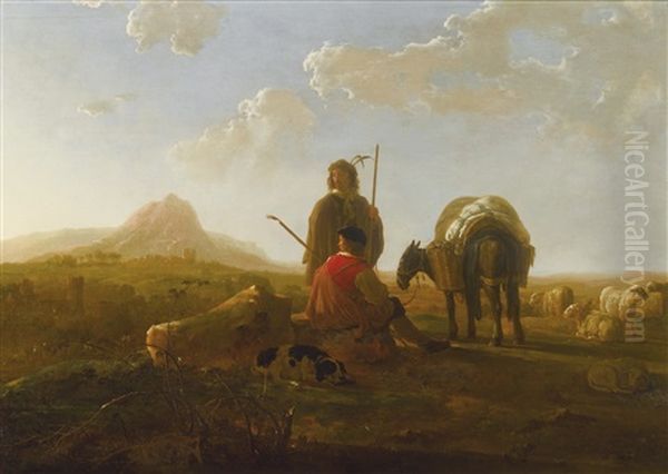 Two Shepherds With A Mule And A Dog In A Hilly Landscape Oil Painting by Aelbert Cuyp