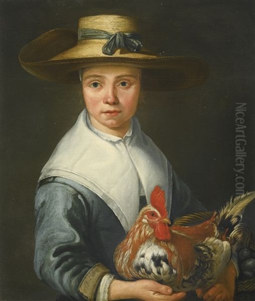 Young Lady In A Straw Hat Holding A Cockerel And A Basket Of Eggs Oil Painting by Aelbert Cuyp