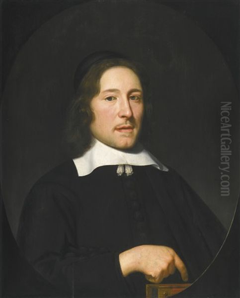 Portrait Of A Man, Half-length, Wearing Black With A White Collar And A Black Hat, Holding A Book Oil Painting by Aelbert Cuyp