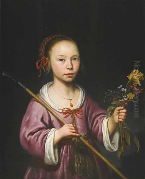 Portrait Of A Young Girl As A Shepherdess, Holding A Sprig Of Flowers Oil Painting by Aelbert Cuyp