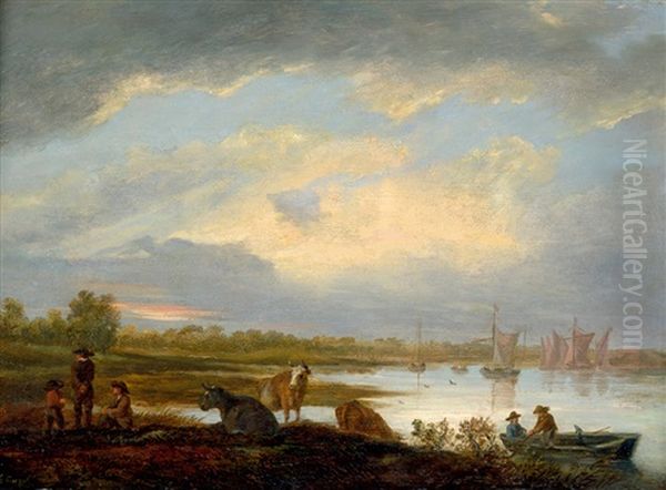 Maaslandschaft Mit Fischerbooten, Im Vordergrund Weidendes Vieh Oil Painting by Aelbert Cuyp