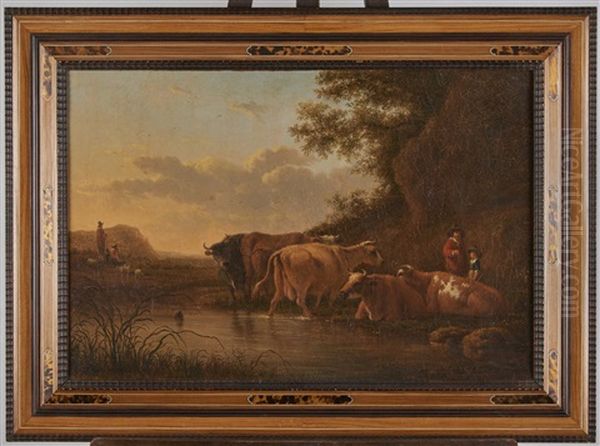 Cinq Vaches Pres D'une Rive Escarpee Oil Painting by Aelbert Cuyp