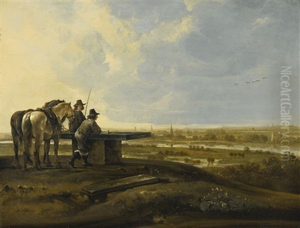 Panoramic Landscape With Travelers Standing At The 'koningstafel' On The Heimenberg, Near The City Of Rhenen Oil Painting by Aelbert Cuyp