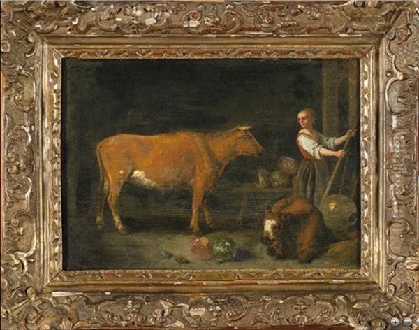 Jeune Fermiere, Vache Et Veau A L