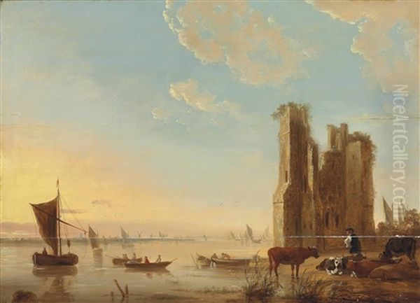 A River Landscape With A Herdsman And His Cattle Resting By A Ruined Tower, Kaags And Other Vessels On The Calm Waters Oil Painting by Aelbert Cuyp