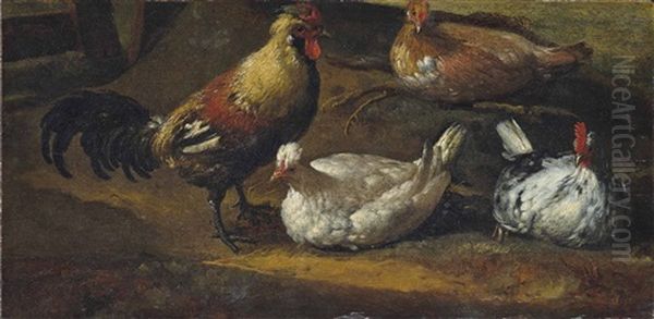 A Cockerel And Three Hens In A Landscape: A Fragment Oil Painting by Aelbert Cuyp