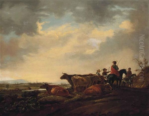 A Wooded Landscape With Drovers And Their Cattle by Aelbert Cuyp