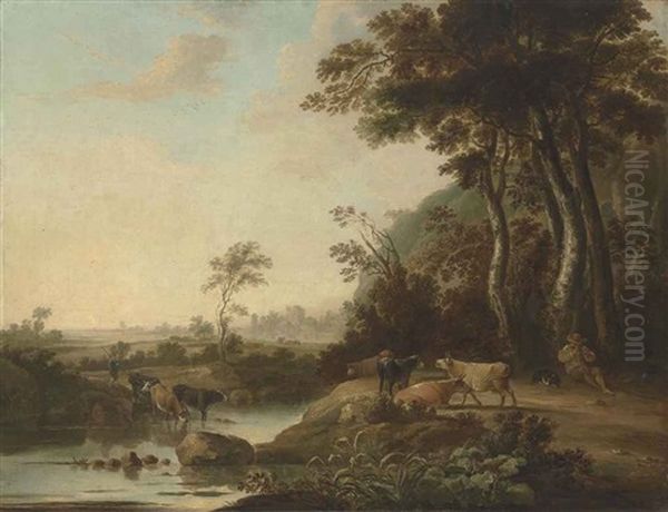 A Wooded Landscape With A Herdsman And His Cattle By A Stream, A Village Beyond Oil Painting by Aelbert Cuyp