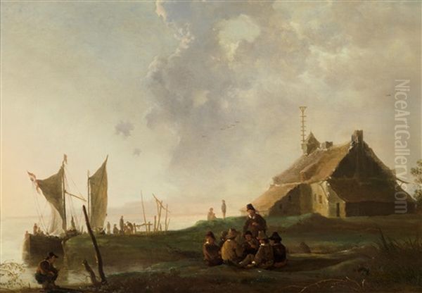 Eine Wachstube An Einem Fluss Mit Der Stadt Dordrecht Im Hintergrund Oil Painting by Aelbert Cuyp