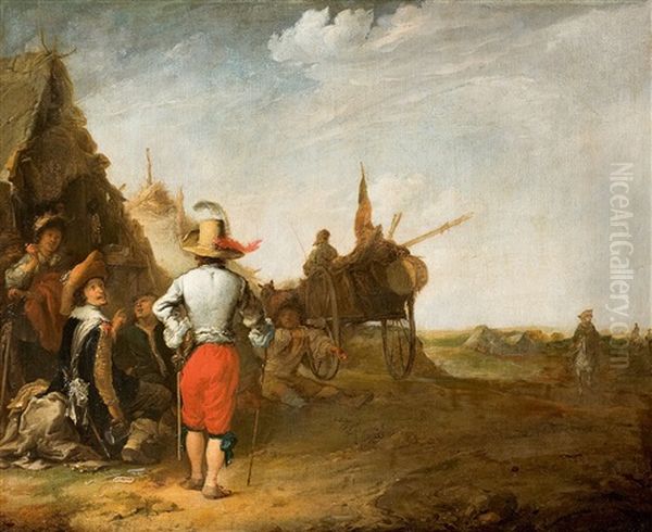 Genreszene. In Einer Weiten Landschaft Mehrere Figuren, Gekleidet Im Niederlandischen Stil Des 16. Jahrhunderts, Vor Einer Hutte Oil Painting by Aelbert Cuyp