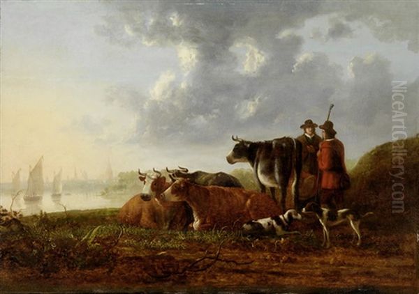 Zwei Hirten Mit Kuhherde Und Hunden Vor Einer Bucht Mit Segelbooten Oil Painting by Aelbert Cuyp