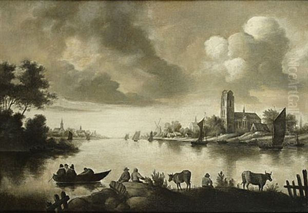 Gezicht Op De Maas Bij Dordrecht. Grisaille Oil Painting by Aelbert Cuyp