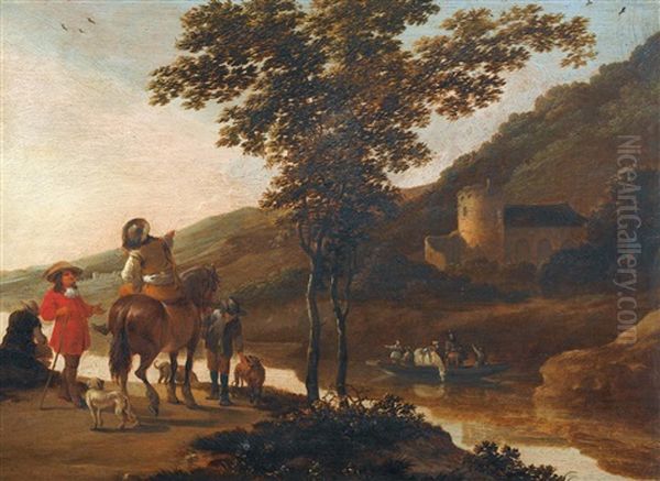 Italienische Flusslandschaft Mit Fahre Und Reitergesellschaft Oil Painting by Aelbert Cuyp