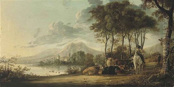 A Wooded Landscape With Herdsmen And Travellers On A Track Before A Lake Oil Painting by Aelbert Cuyp