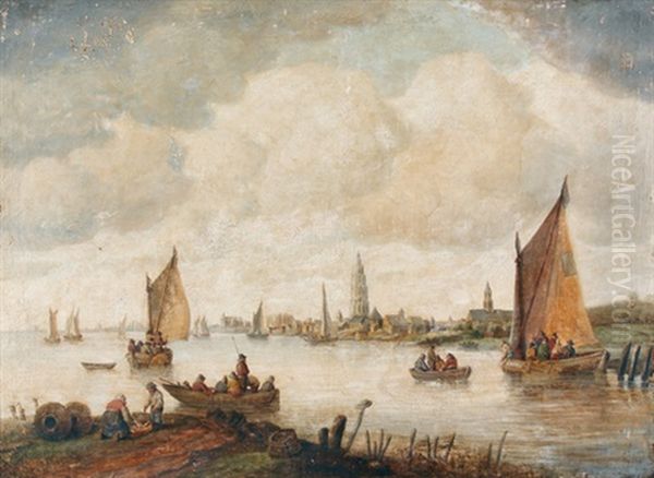 Belebte Flusslandschaft Mit Segelboooten Und Einer Stadt by Aelbert Cuyp