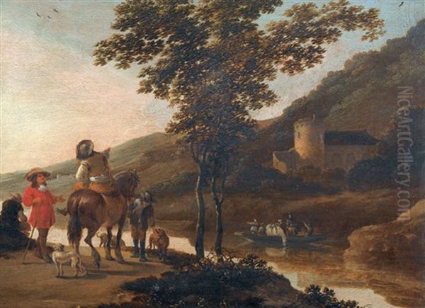 Italienische Flusslandschaft Mit Fahre Und Reitergesellschaft Oil Painting by Aelbert Cuyp