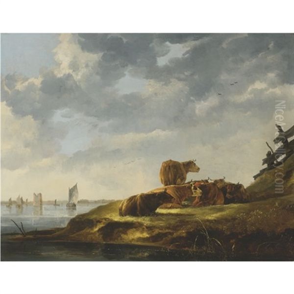 A River Landscape With Seven Cows And A Distant View Of The Tower Of Merwede Oil Painting by Aelbert Cuyp