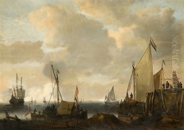 Voiliers A L'entree D'un Port (in 3 Parts) Oil Painting by Aelbert Cuyp