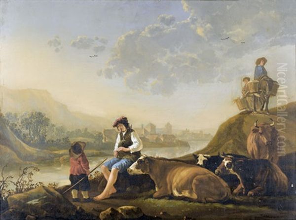 Flussuferpartie Mit Hirten, Vieh Und Reisenden Oil Painting by Aelbert Cuyp