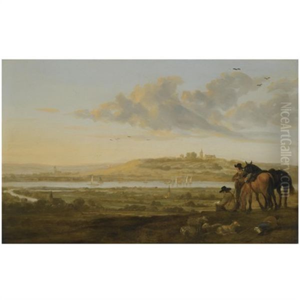 A Shepherd And Two Cavaliers Resting On A Point Looking Out Over The Countryside Near Elten, On The Borders Of Holland And Germany Oil Painting by Aelbert Cuyp